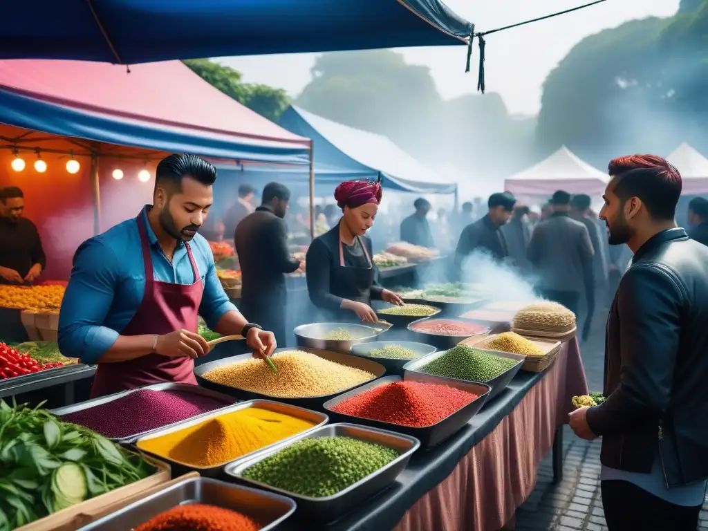 Un mercado vegano internacional bullicioso, lleno de colores y sabores exóticos