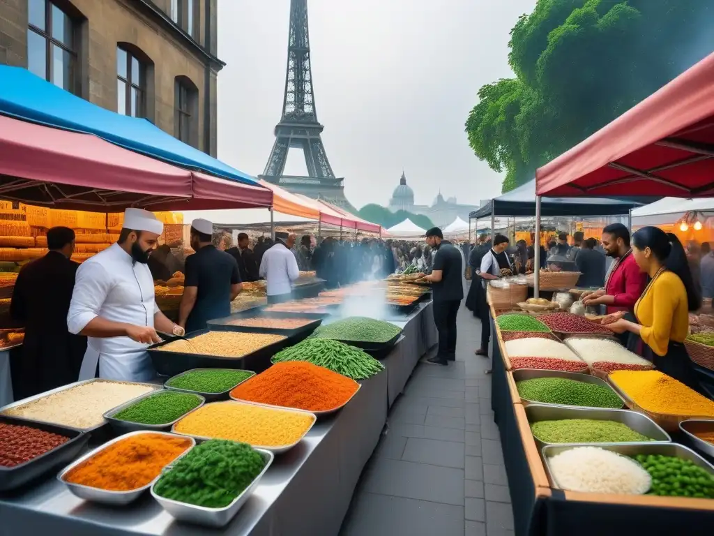 Mercado vegano internacional con tours gastronómicos veganos internacionales en una ciudad vibrante y diversa