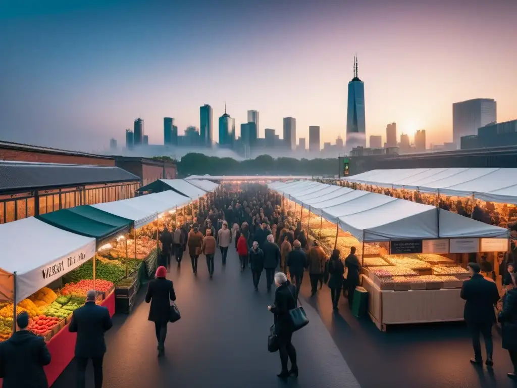 Un mercado vegano lleno de coloridos puestos ofrece productos vegetales, con una ciudad vibrante de fondo al atardecer