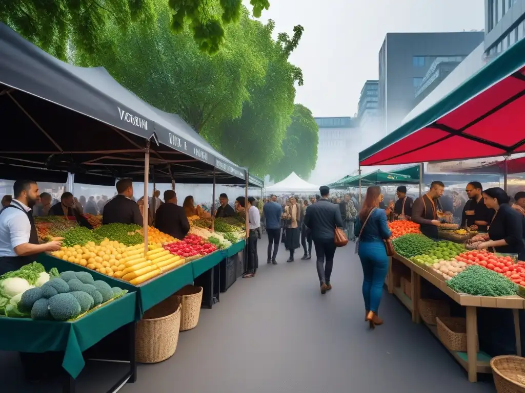 Mercado vegano lleno de vida con alimentos frescos y coloridos, gente diversa y ambiente comunitario