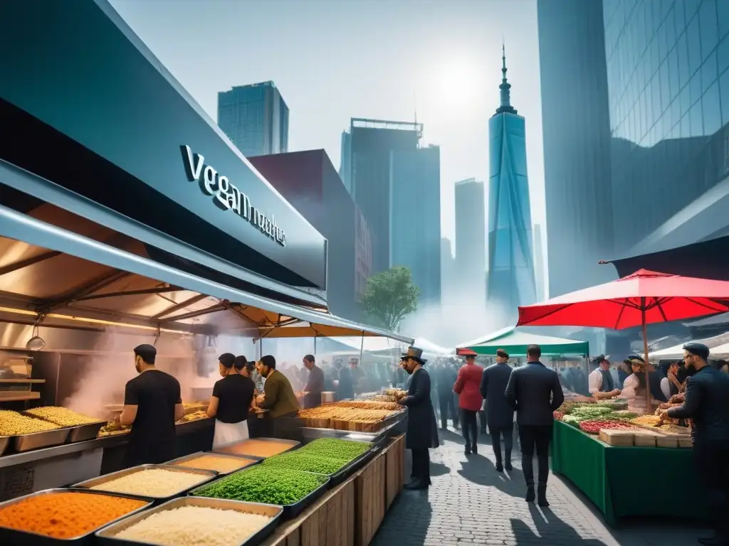 Mercado vegano mundial en una ciudad vibrante, chefs preparando platos veganos, clientes probando comida, 'Rutas veganas gastronomía mundial'