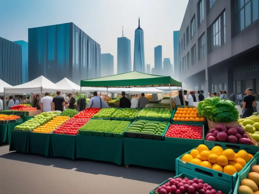 Mercado vegano mundial: frutas, verduras y productos frescos en una ciudad moderna y ecológica