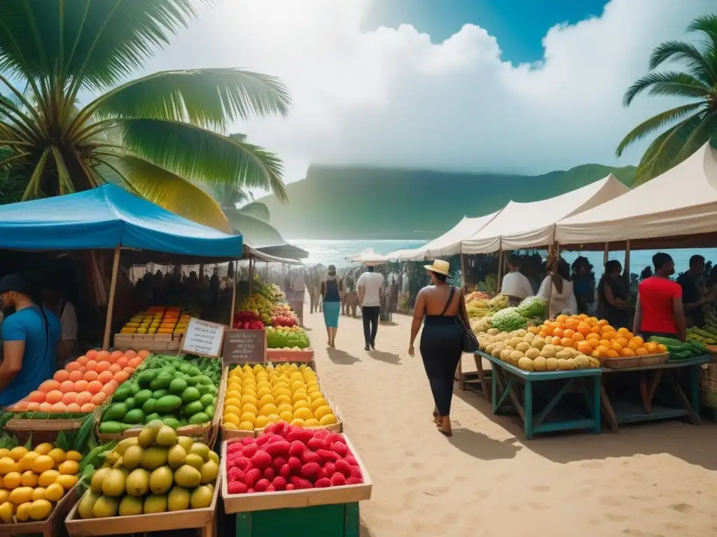 Mercado vegano en Oceanía con puestos coloridos repletos de frutas frescas y productos vegetales