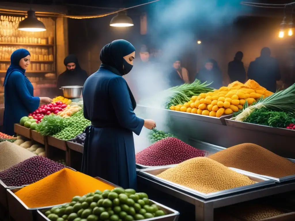 Un mercado vegano en Medio Oriente rebosante de sabores y colores en frutas, verduras, hierbas y platos, fusionando tradición e innovación