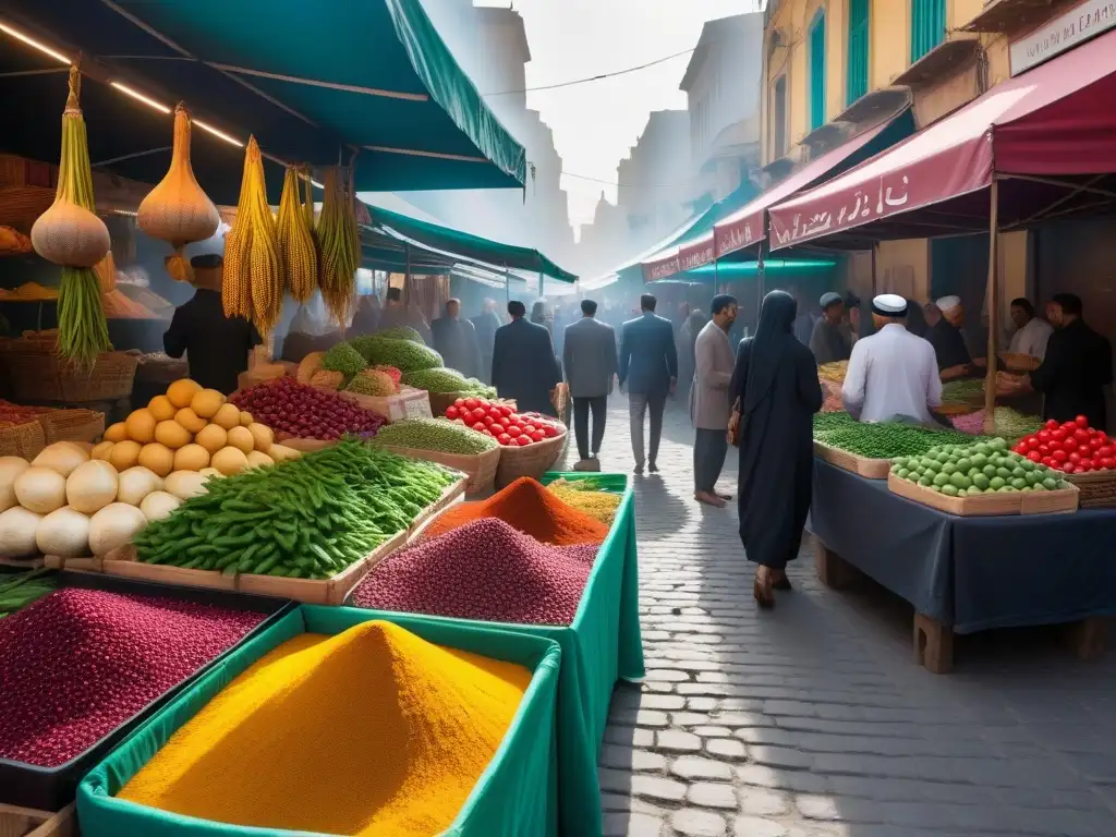 Un mercado vegano en Medio Oriente rebosante de vida y colores, con ingredientes únicos y locales