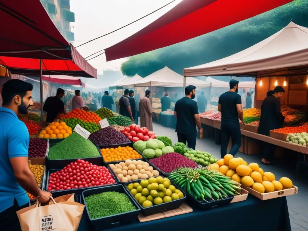 Mercado vegano en el Medio Oriente rebosante de vida y diversidad cultural, con clientes y vendedores intercambiando productos en coloridos puestos