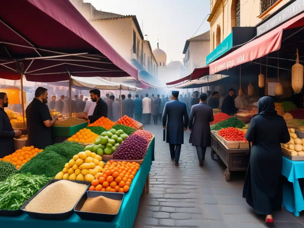 Un mercado vegano en Medio Oriente rebosante de vida, colores y aromas exóticos