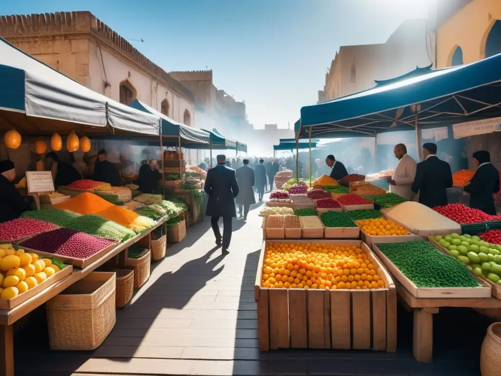 Mercado vegano vibrante en Oriente Medio: colores, sabores y tradición Un mercado vegano en Medio Oriente rebosante de colores y vida