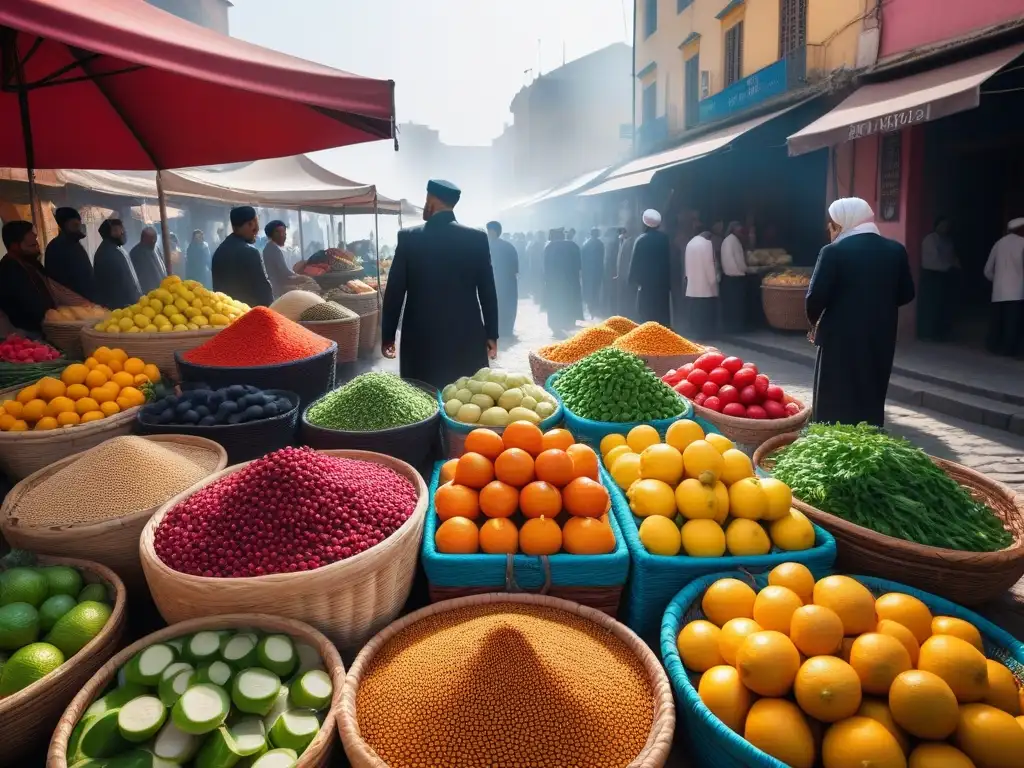 Un mercado vegano en Medio Oriente rebosante de vida y color, revelando los secretos de la cocina vegana de la región