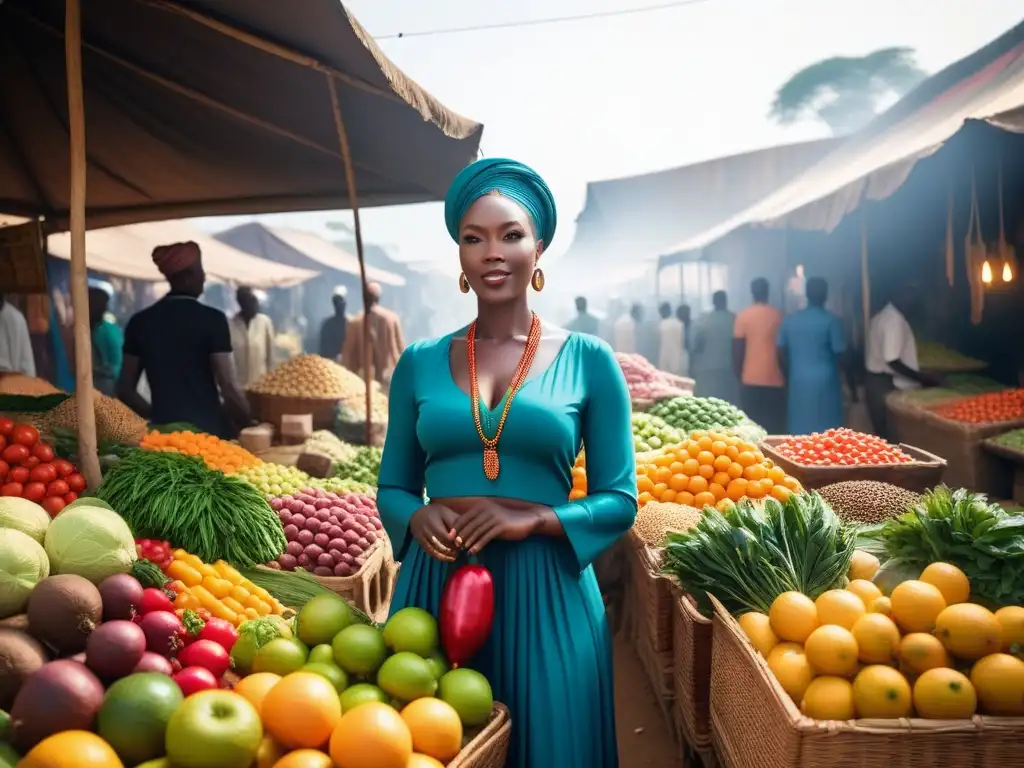 Un mercado vegano en África rebosante de frutas y verduras frescas y coloridas, fusionando tradición y modernidad