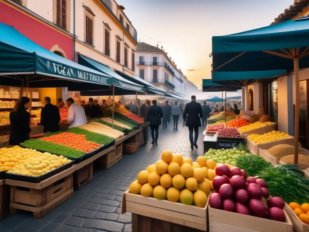 Un mercado vegano en España, repleto de delicias plantbased bajo el cálido atardecer