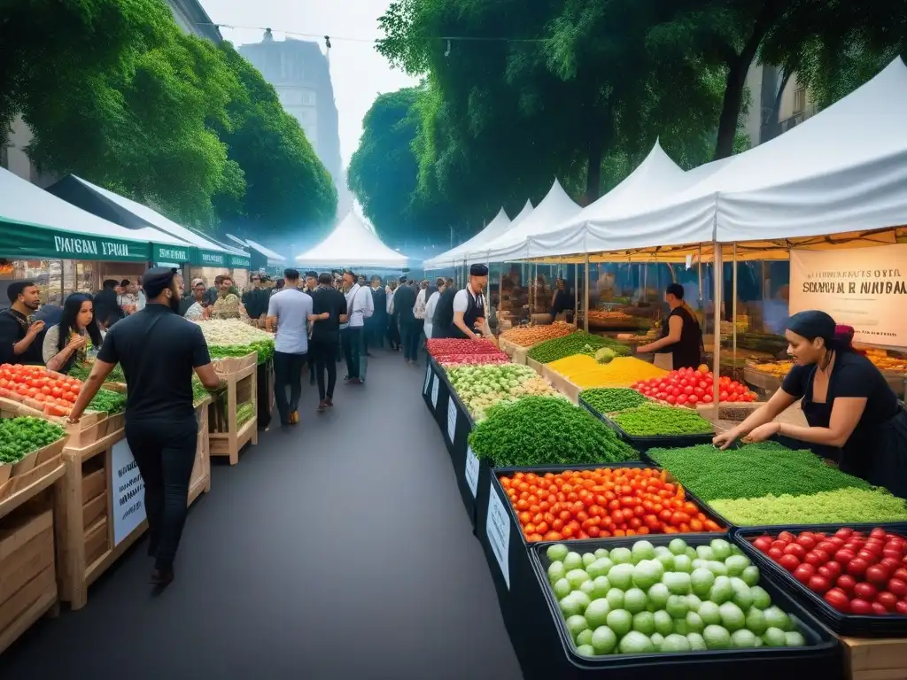 Un mercado vegano sostenible bullicioso con oferta diversa y colorida