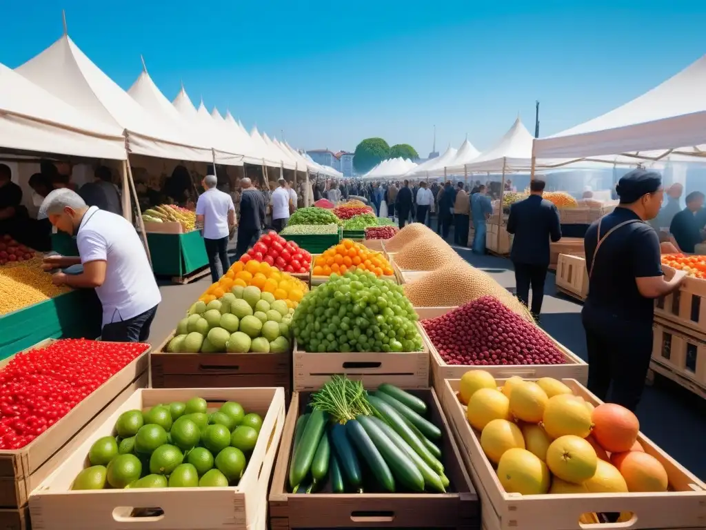 Un mercado vegano vibrante y bullicioso con una variedad colorida de frutas, verduras y especias