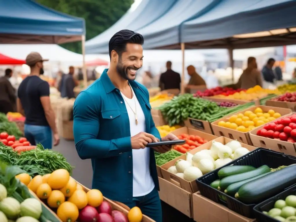 Mercado vegano vibrante y bullicioso, lleno de productos frescos y vendedores sonrientes