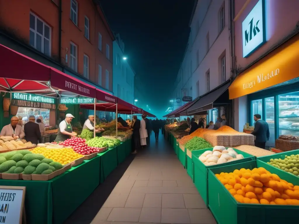 Mercado vegano vibrante en ciudad cosmopolita: frutas, quesos, pan y especias