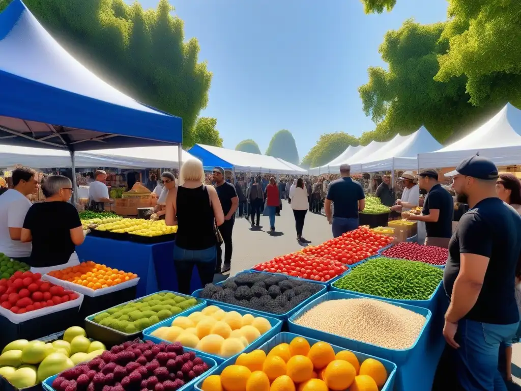 Un mercado vegano vibrante y colorido, lleno de gente explorando productos frescos y plantbased