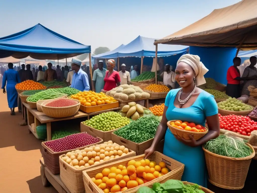 Un mercado vegano en África, vibrante y colorido, lleno de frutas, verduras frescas y cestas tejidas tradicionales