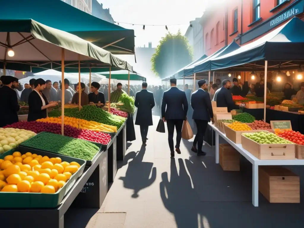 Un mercado vegano vibrante y contemporáneo bañado en luz dorada, donde la diversidad y la sostenibilidad se fusionan