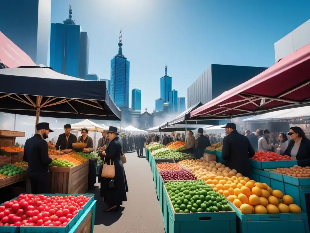 Un mercado vegano vibrante en Melbourne, Australia, con diversidad de alimentos y gente