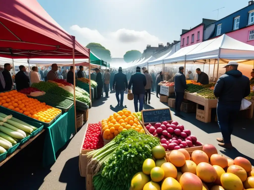 Mercado Vegano vibrante con frutas y verduras frescas bajo toldos blancos, personas diversas seleccionando productos