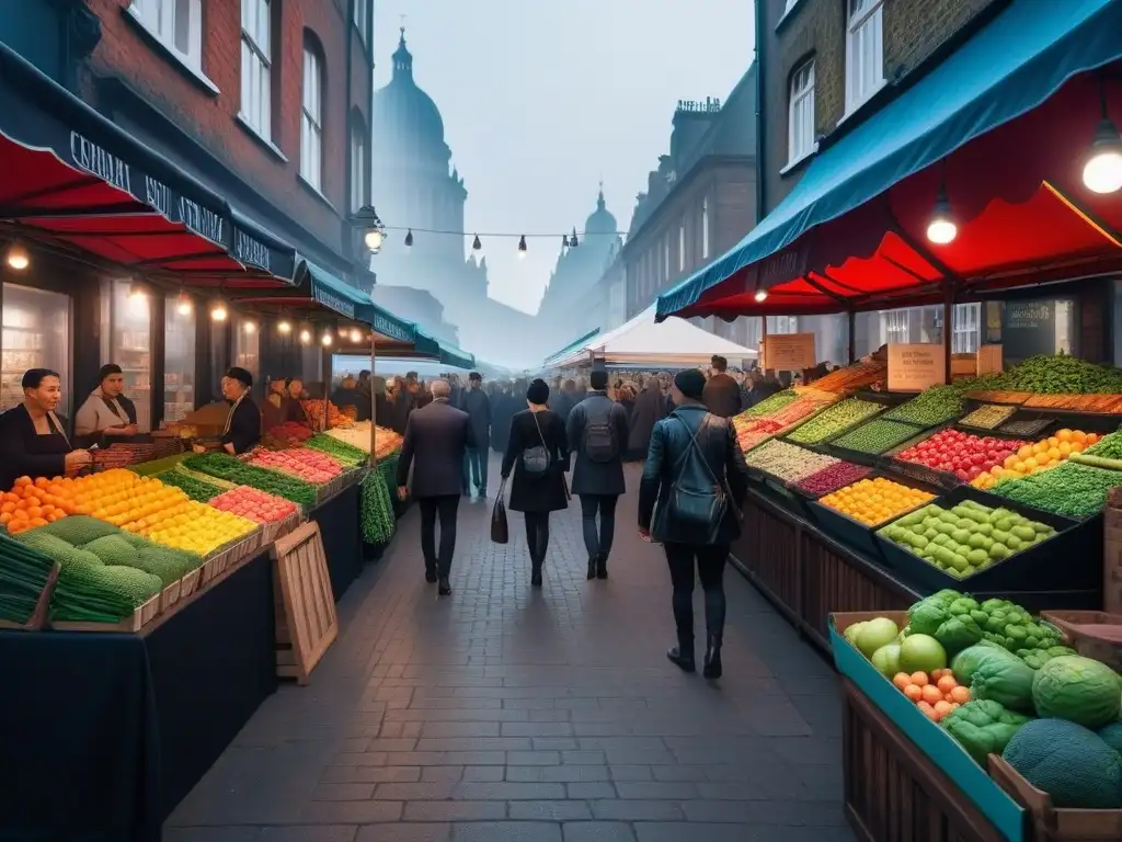 Un mercado vegano vibrante con frutas, verduras y platos veganos de todo el mundo, rodeado de modernos puestos de comida