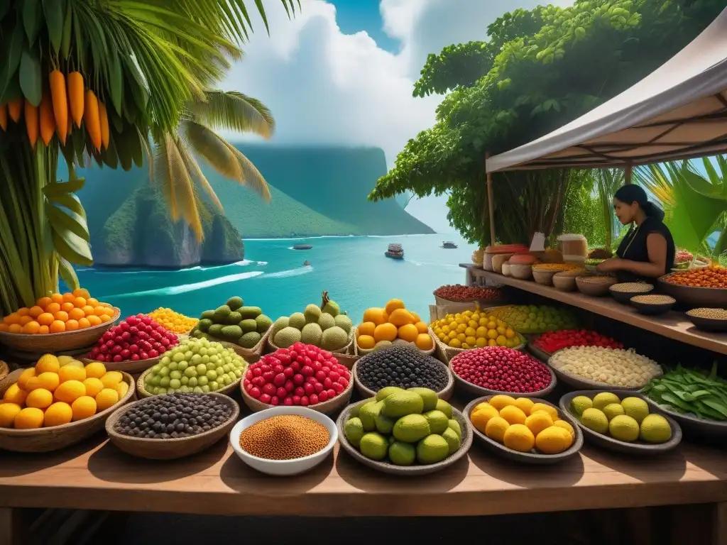 Un mercado vegano vibrante en las Islas del Índico, con sabores únicos y colorida variedad de frutas y especias exóticas