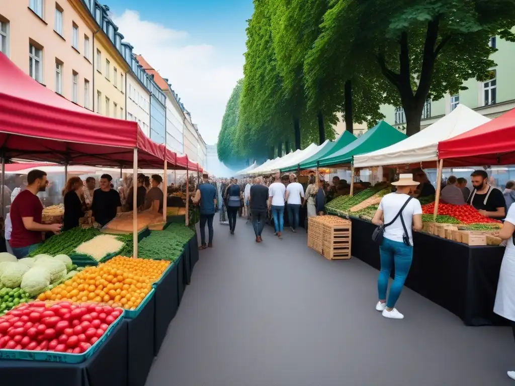 Un mercado vegano vibrante en Berlín, lleno de coloridas paradas con productos frescos, snacks y artículos veganos hechos a mano