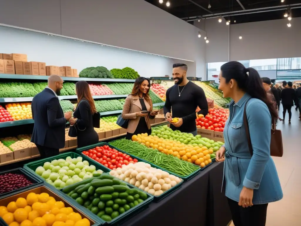 Un mercado vegano vibrante y moderno con una diversidad de productos coloridos en exhibición