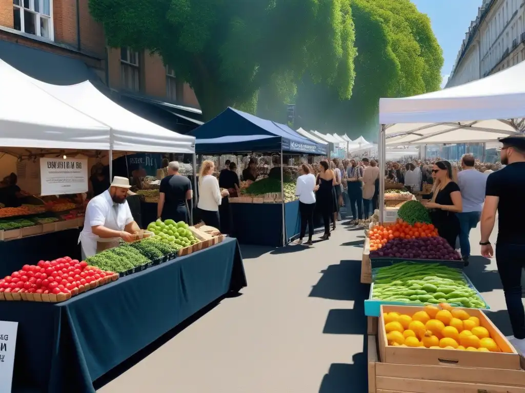 Mercado vegano vibrante y moderno con productos frescos y coloridos, promoviendo tendencias en consumo productos veganos