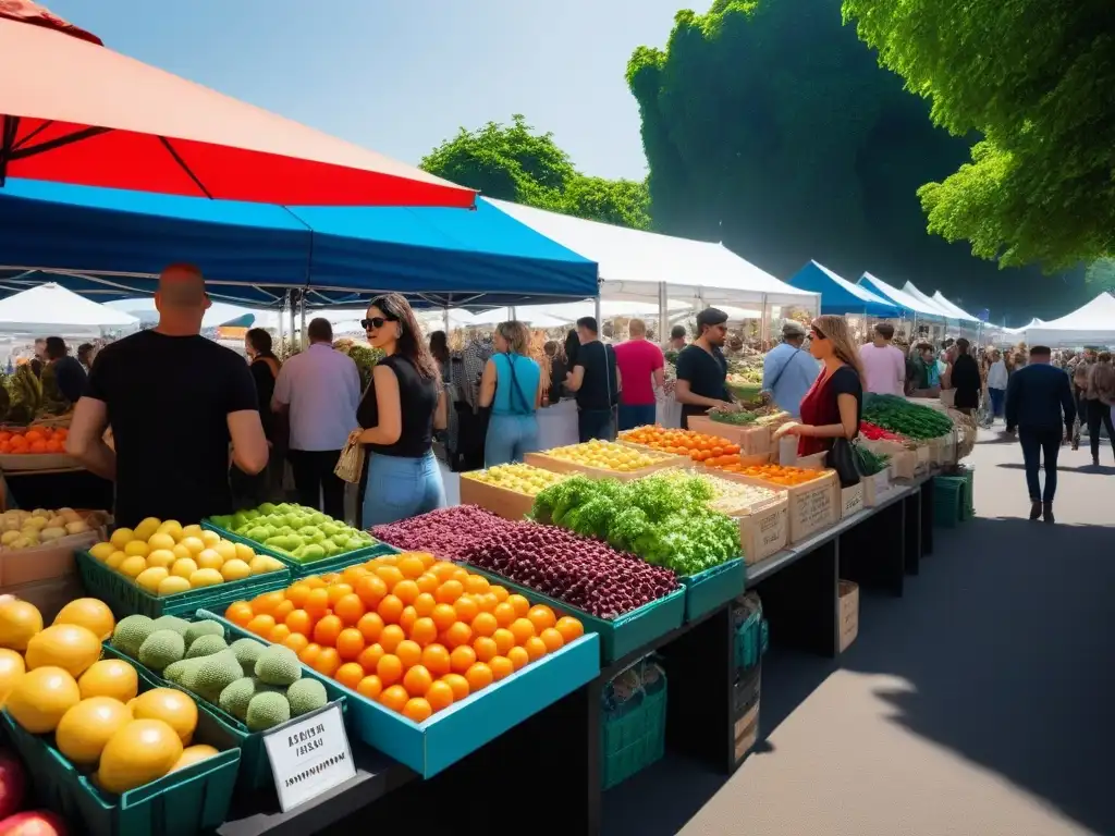 Un mercado vegano vibrante y moderno, con puestos de colores rebosantes de productos frescos, mientras personas exploran entusiastamente