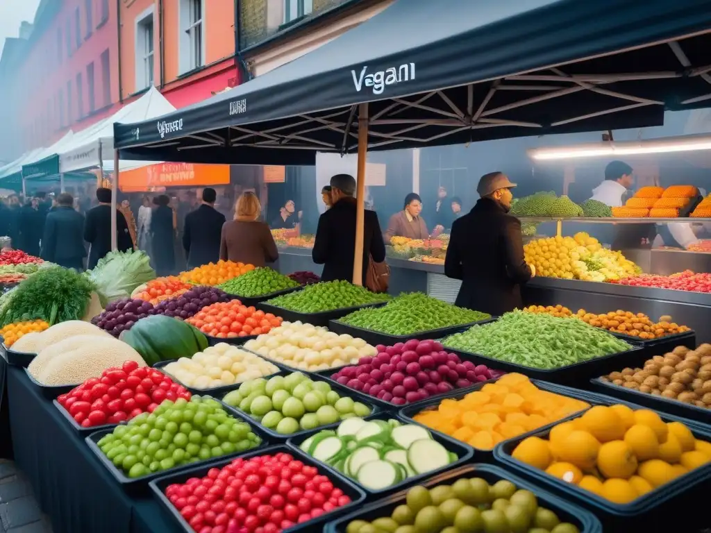 Un mercado vegano vibrante y moderno, repleto de variedad de alimentos frescos y coloridos