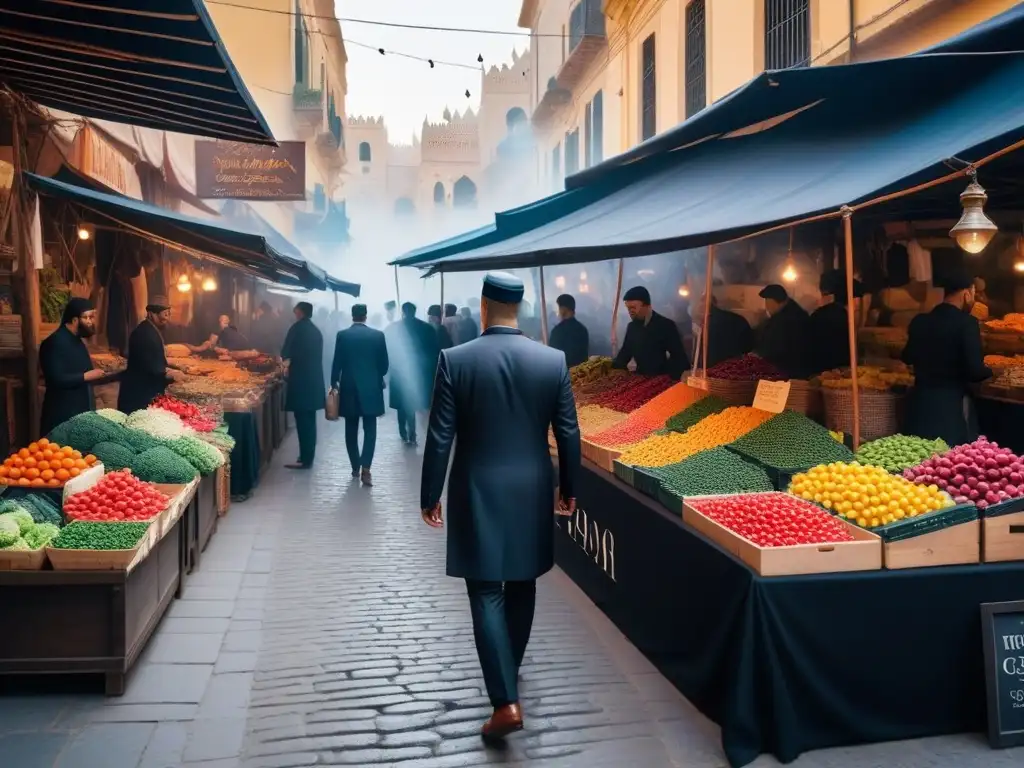 Un mercado vegano vibrante en Medio Oriente, lleno de sabores y colores, fusionando lo tradicional con lo moderno