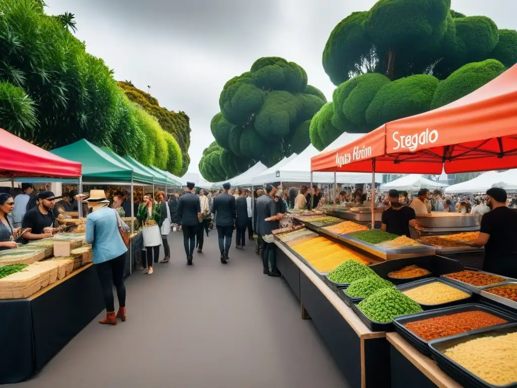 Mercado vegano vibrante en Australia con platos coloridos y variados, exudando diversidad y creatividad en la gastronomía vegana en Australia