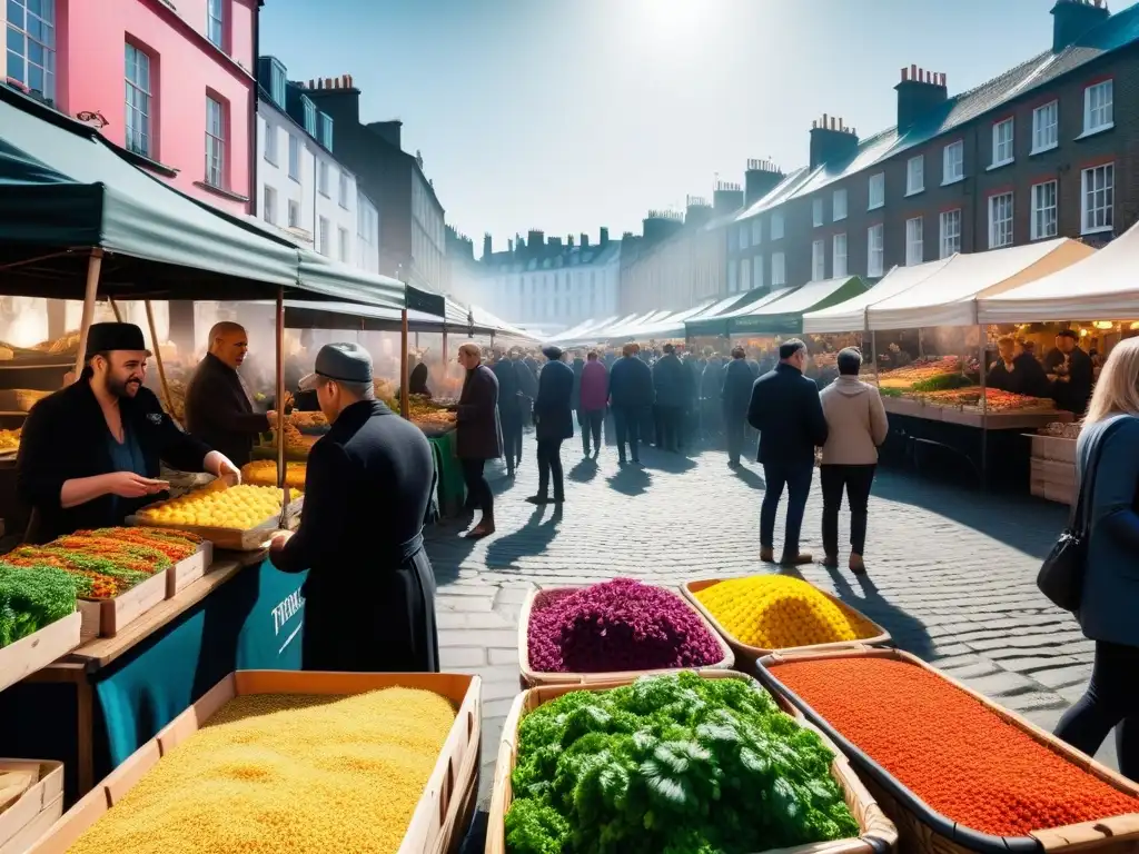 Un mercado vegano vibrante en una plaza histórica con puestos de comida coloridos