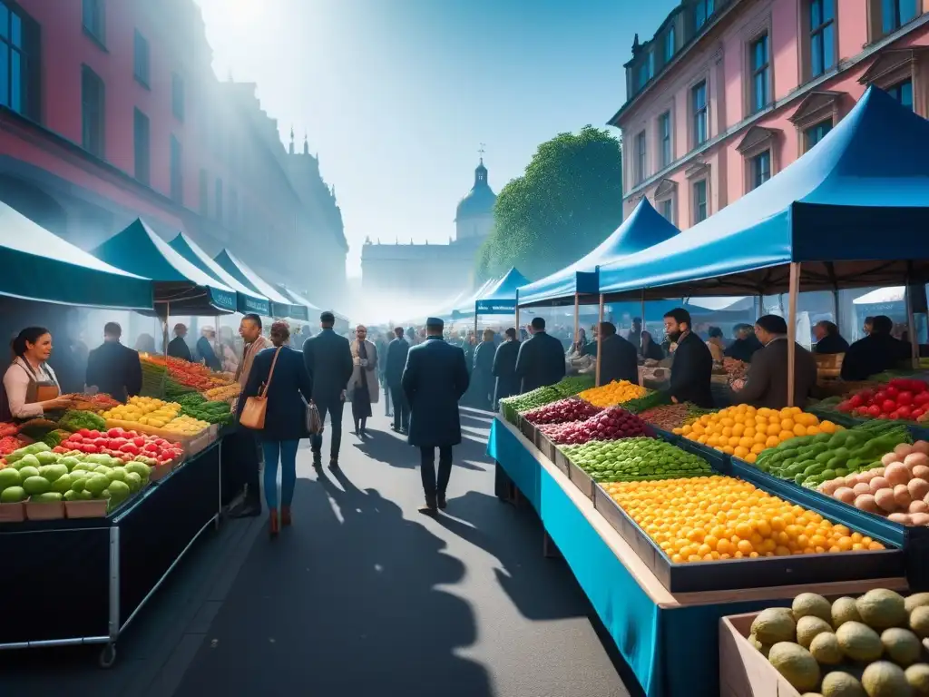 Mercado vegano vibrante con puestos coloridos y gente feliz, tips para viaje gastronómico vegano