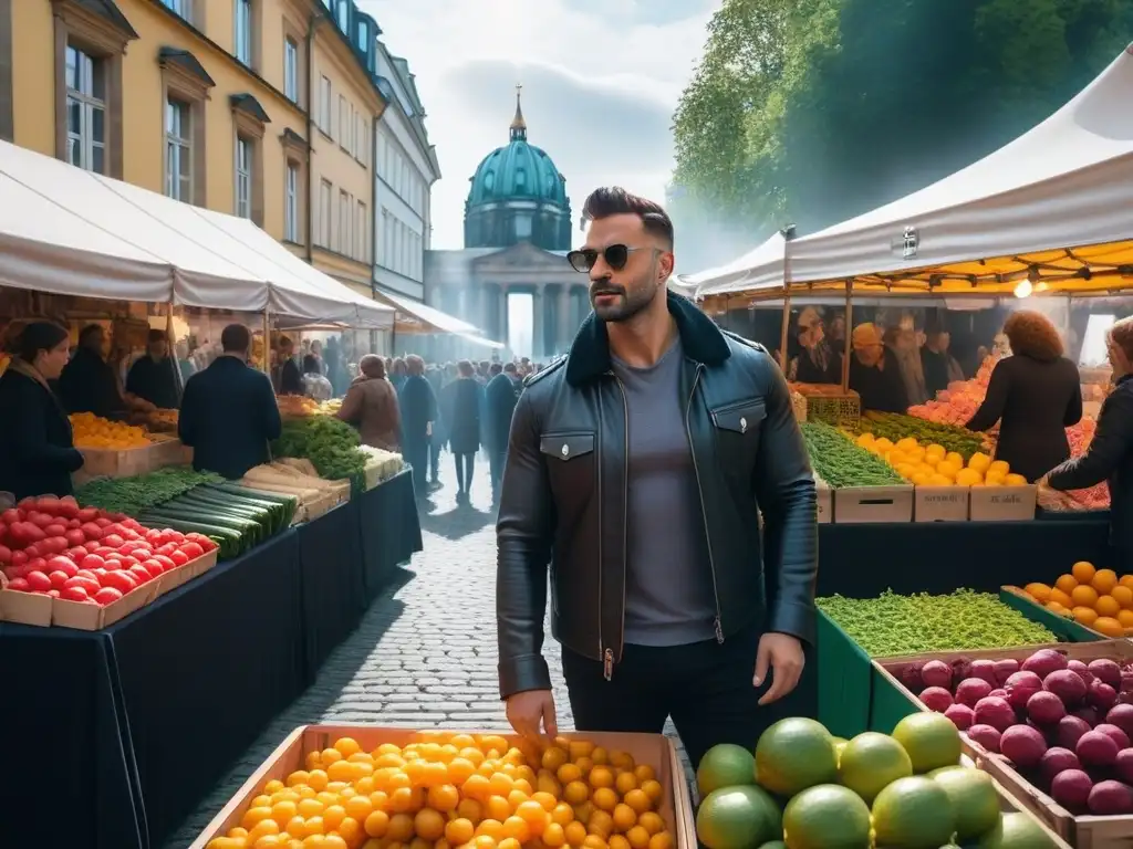 Un mercado vegano vibrante en Berlín, con puestos coloridos de productos frescos y ecológicos