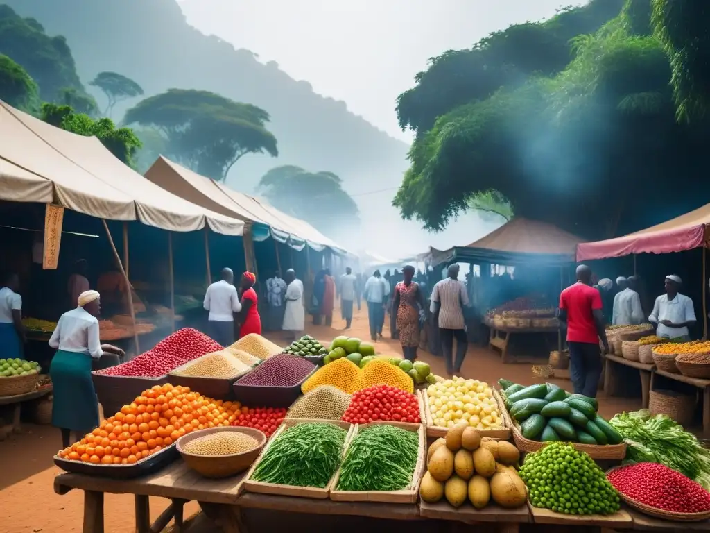 Un mercado vegano vibrante en África, con puestos coloridos y gente diversa disfrutando de la cocina vegana en África