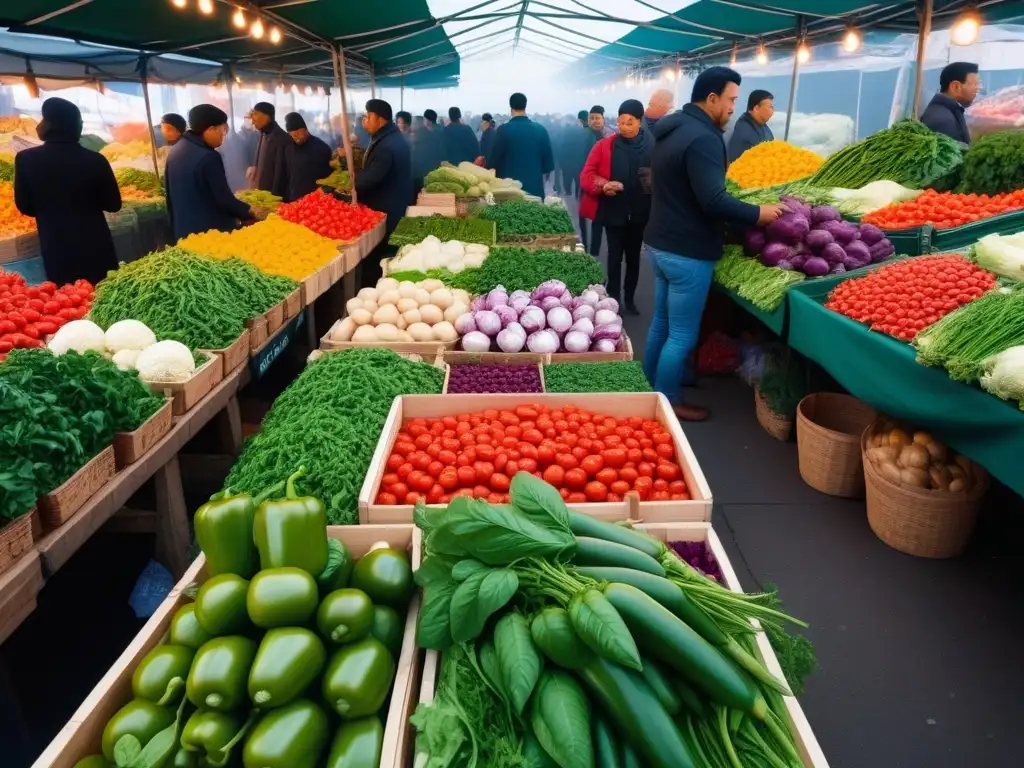 Un mercado vegetal vibrante y diverso, repleto de actividad y coloridos productos frescos