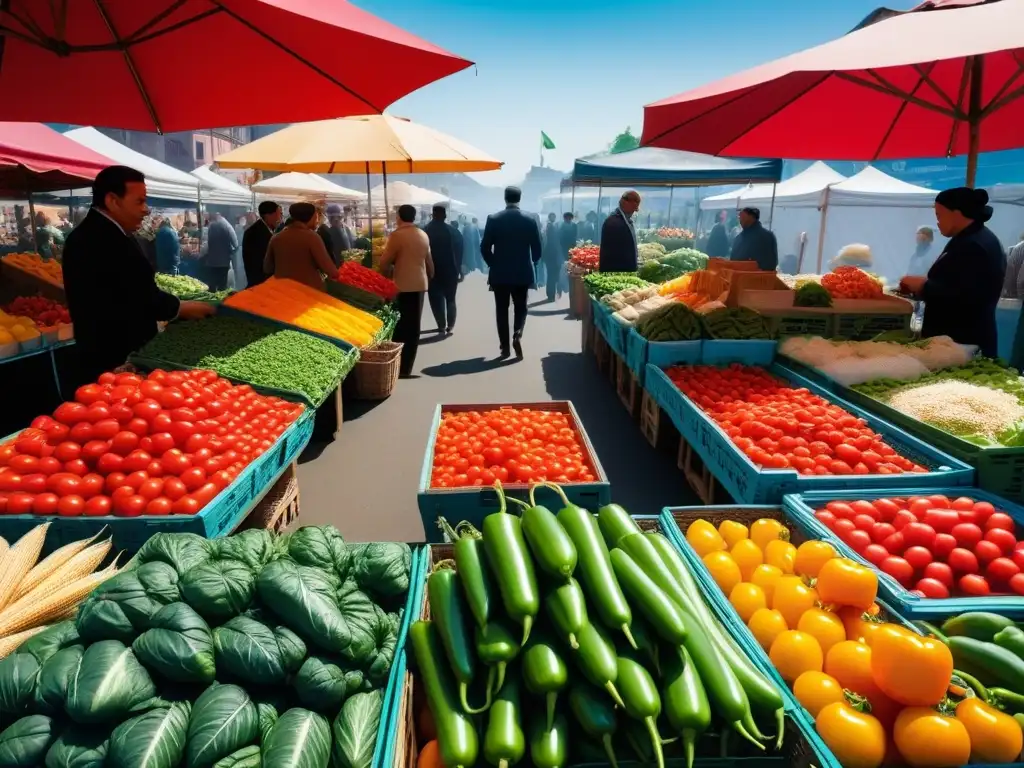 Un mercado de vegetales vibrante y colorido con productos frescos y diversidad, beneficios veganismo y minimalismo