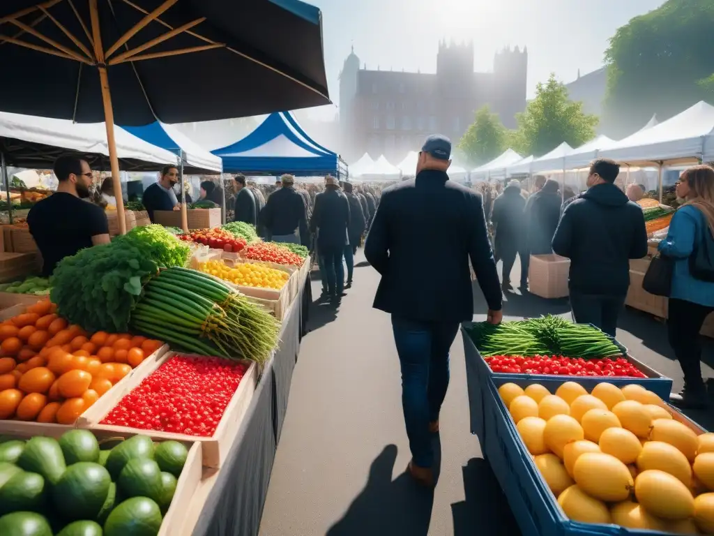 Un mercado vibrante de agricultores con frutas y verduras frescas y coloridas, productos orgánicos y deliciosos platillos veganos