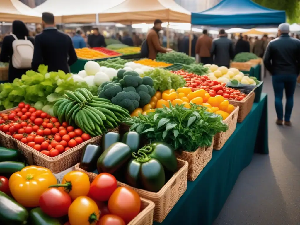 Un mercado vibrante con alimentos frescos y coloridos, gente diversa y un puesto de ingredientes veganos