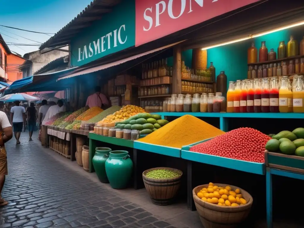 Mercado vibrante: degustación de bebidas fermentadas veganas en la ciudad Mercado vibrante de Latinoamérica con bebidas fermentadas veganas y murales coloridos