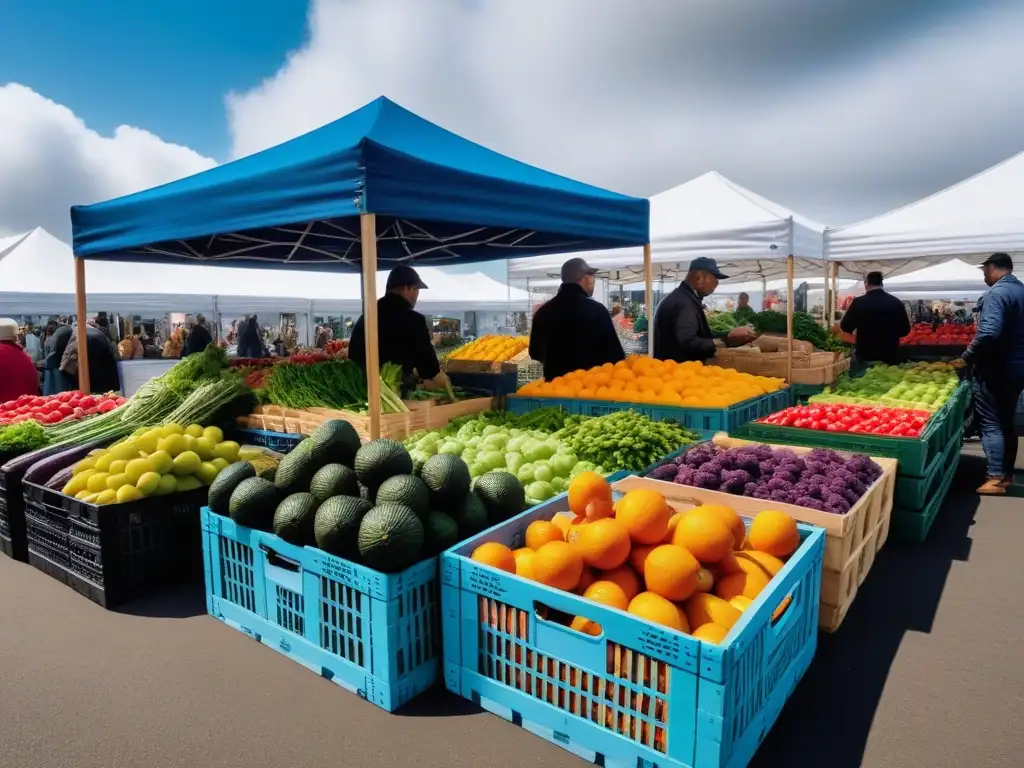 Un mercado agrícola vibrante y bullicioso con frutas y verduras frescas y coloridas en exhibición