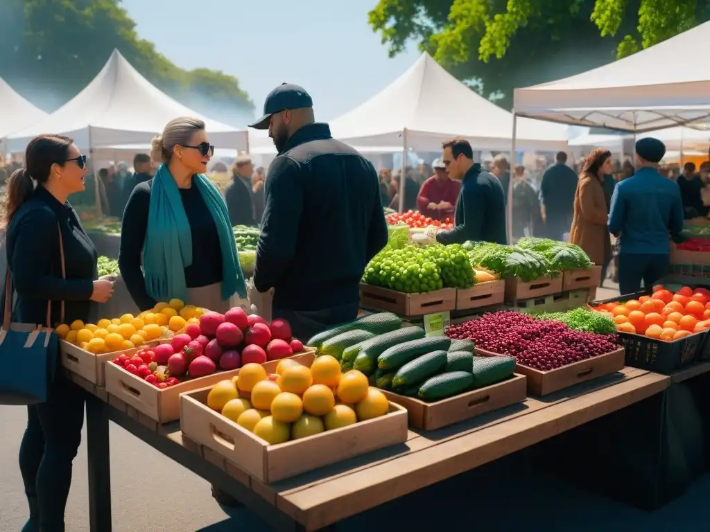 Un mercado agrícola vibrante y bullicioso con frutas y verduras orgánicas coloridas