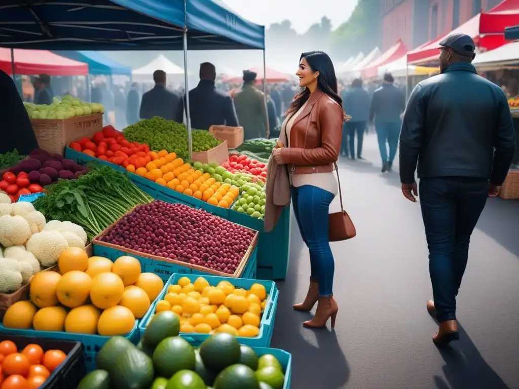 Un mercado vibrante y bullicioso con frutas y verduras orgánicas y coloridas