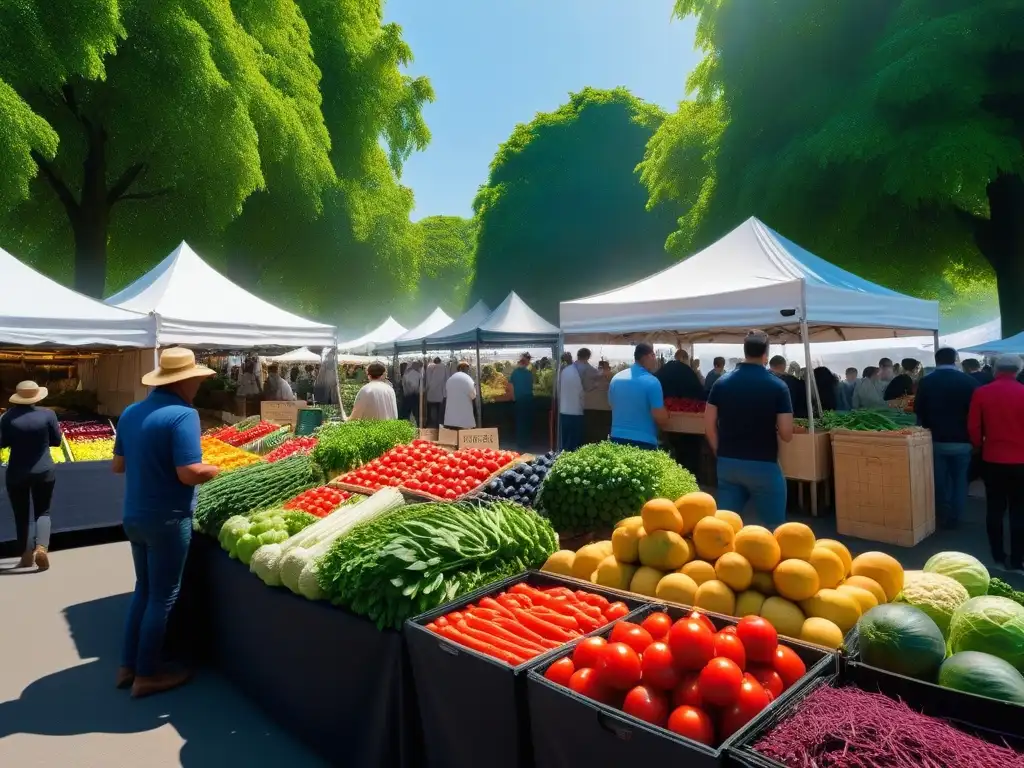 Un mercado vibrante y bullicioso con frutas y verduras frescas, gente diversa y un ambiente acogedor