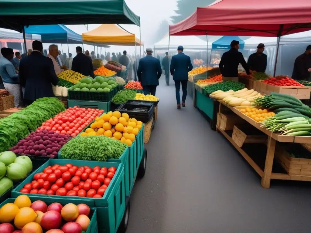 Un mercado agrícola vibrante y bullicioso, lleno de frutas y verduras frescas y orgánicas, donde los vendedores interactúan con los clientes