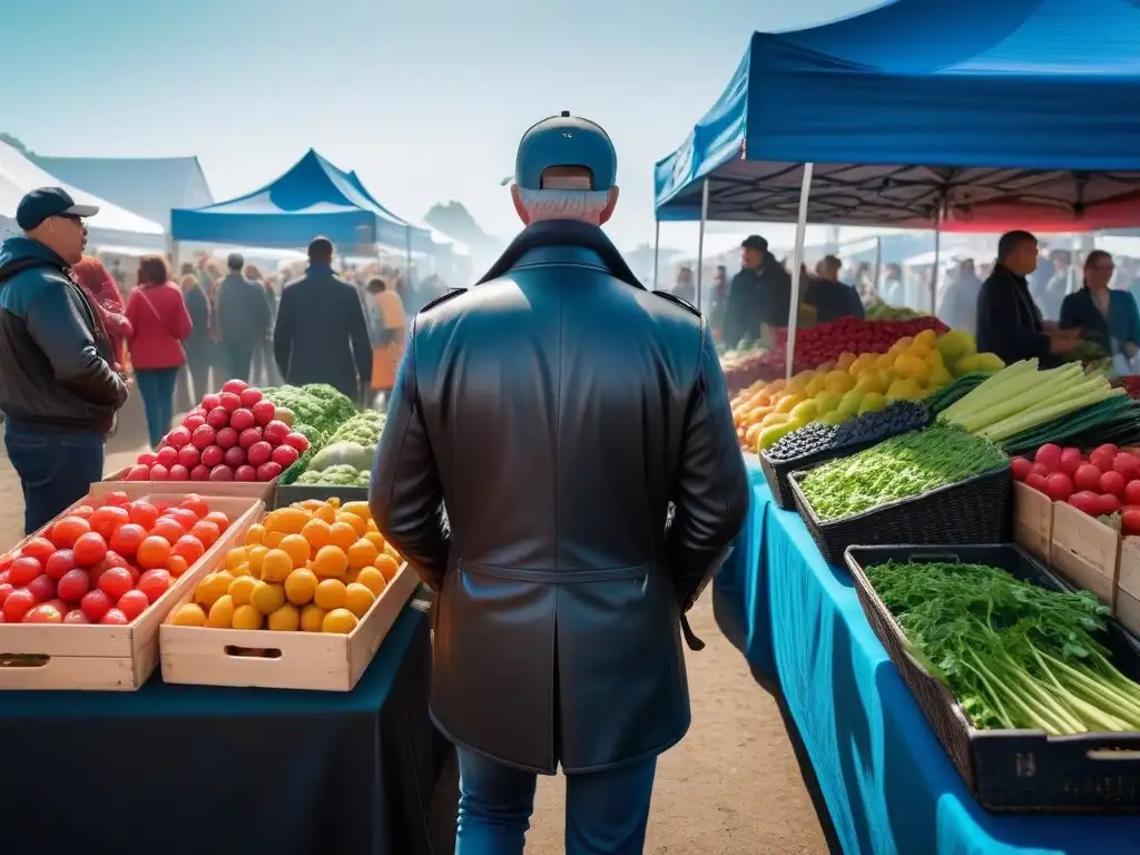 Un mercado agrícola vibrante y bullicioso lleno de frutas y verduras coloridas, con vendedores locales mostrando orgullosamente sus productos frescos bajo un cielo azul despejado