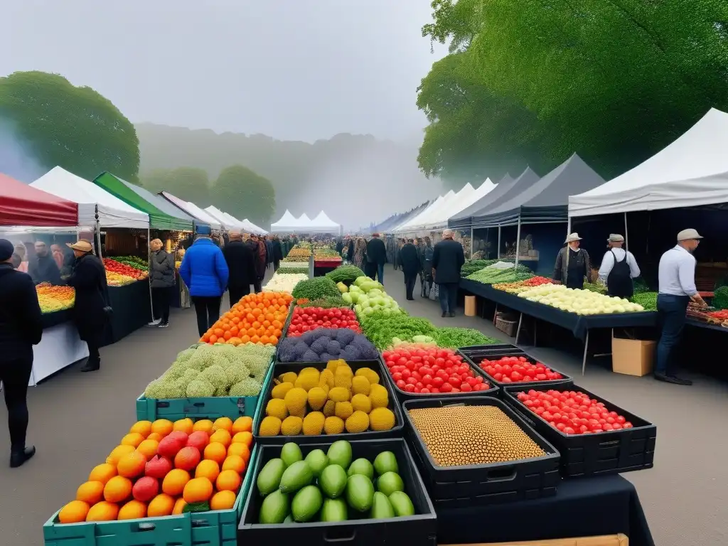 Un mercado vibrante y bullicioso lleno de coloridas frutas, verduras y productos veganos, con plataformas revolucionando comunidades veganas