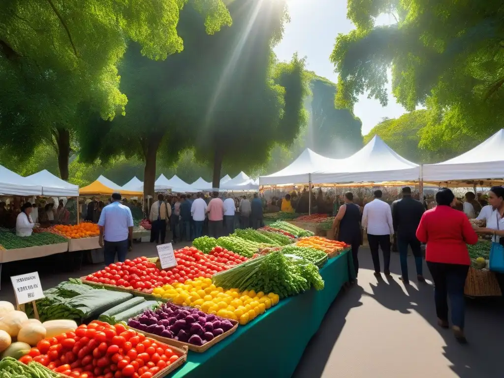 Un mercado agrícola vibrante y bullicioso con productos orgánicos y gente diversa